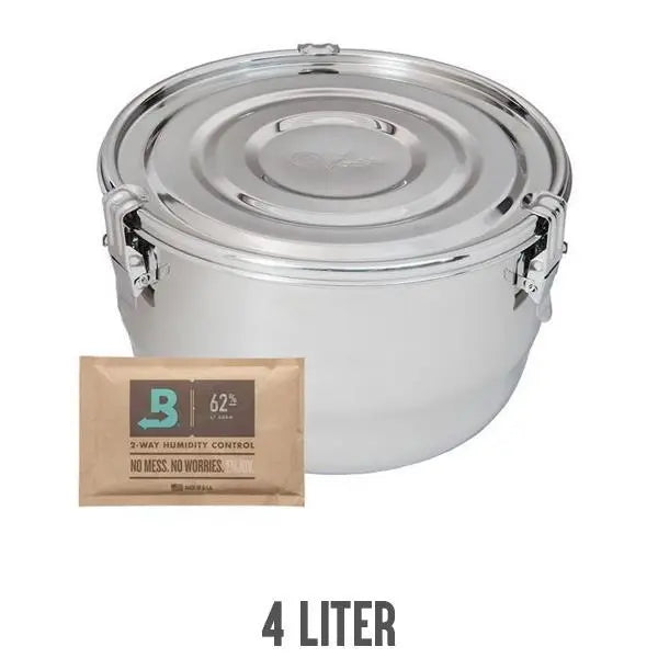 A CVault Humidity Control Airtight Metal Smell Proof Container by CVault, with a sealed lid and side latches, sits beside a Boveda 62% packet. The text 4 LITER highlights this container’s large capacity and freshness protection.